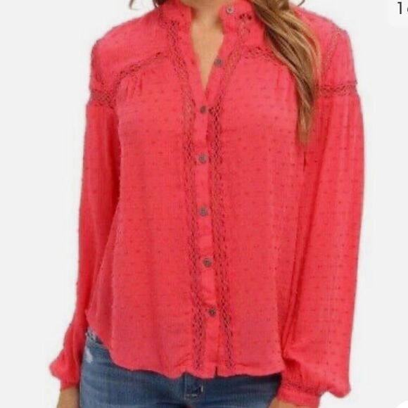 Free People Strawberry Pink Everyday Girl Swiss Dot Button Blouse Size Small - Picture 1 of 7